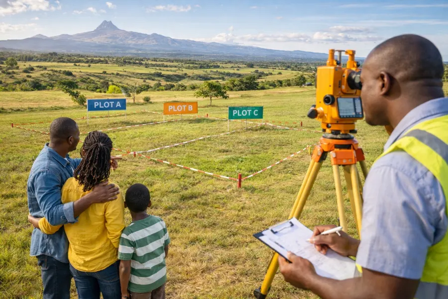 Sunny Kenyan landscape with marked land plots, a surveyor, and a family planning a future home.