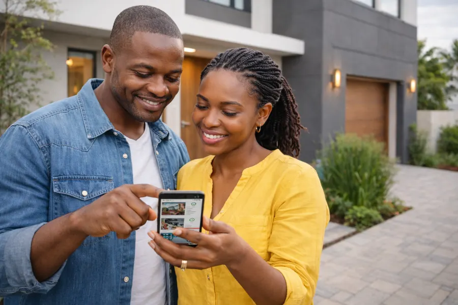 Kenyan couple comparing property options on a phone while standing outside a modern home.