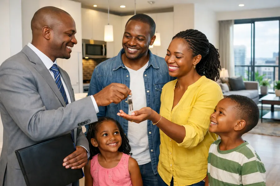 Happy Kenyan family viewing a bright modern apartment with a trusted agent handing over keys.