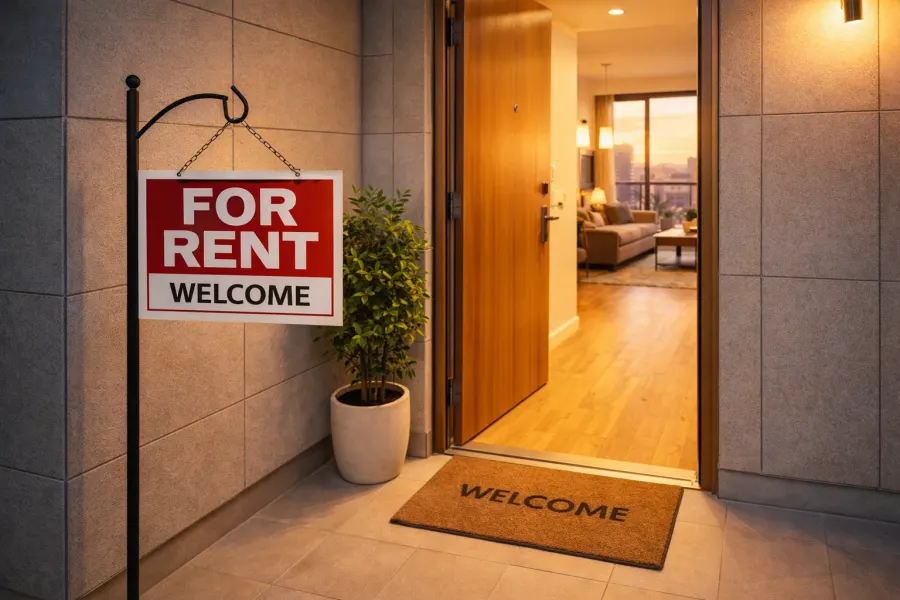 Clean apartment entrance in Nairobi with a welcoming For Rent sign and warm evening light.