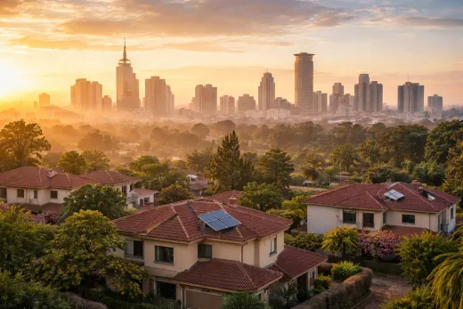 Nairobi skyline with warm sunrise and homes in the foreground.