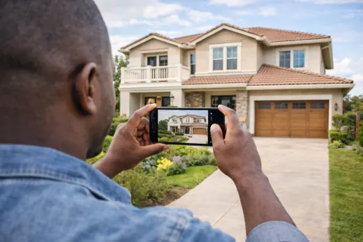 Property owner taking a bright phone photo of a house ready to list online.